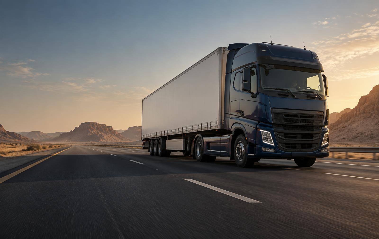 Heavy freight truck travelling on an open desert highway
